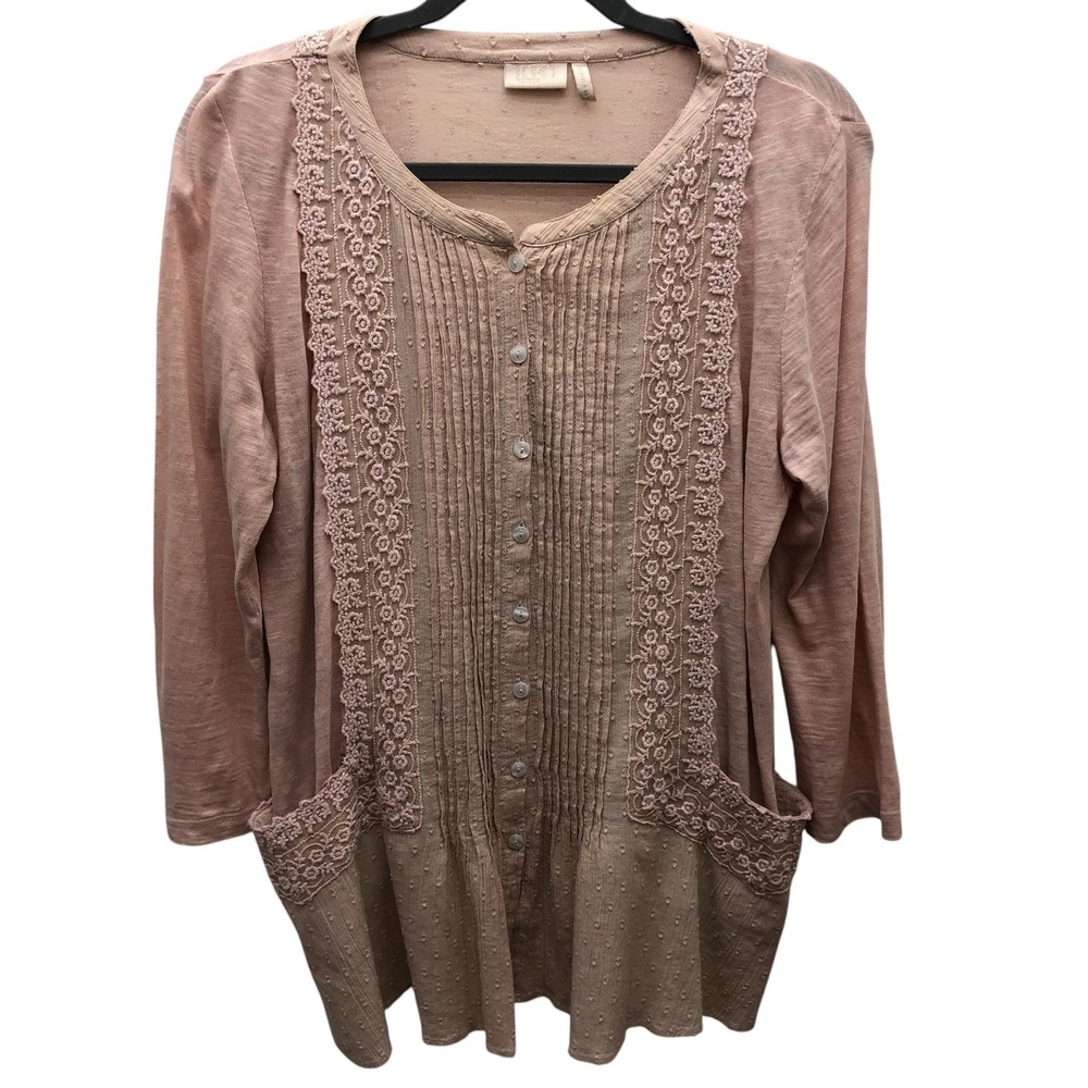 Lavish Tunic Top Womens Small Embroidered‎ Lace Boho Button Front Pockets